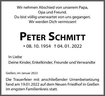 Traueranzeige von Peter Schmitt von Giessener Allgemeine, Alsfelder Allgemeine