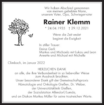 Traueranzeige von Rainer Klemm von Giessener Allgemeine, Alsfelder Allgemeine