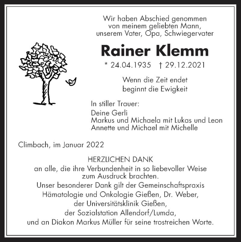  Traueranzeige für Rainer Klemm vom 15.01.2022 aus Giessener Allgemeine, Alsfelder Allgemeine
