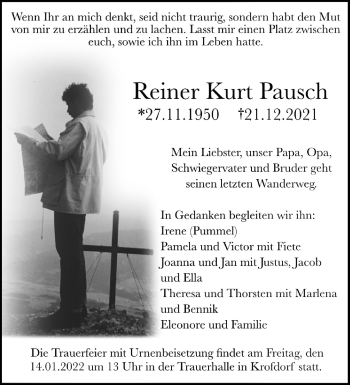 Traueranzeige von Reiner Kurt Pausch von Giessener Allgemeine, Alsfelder Allgemeine, Giessener Anzeiger