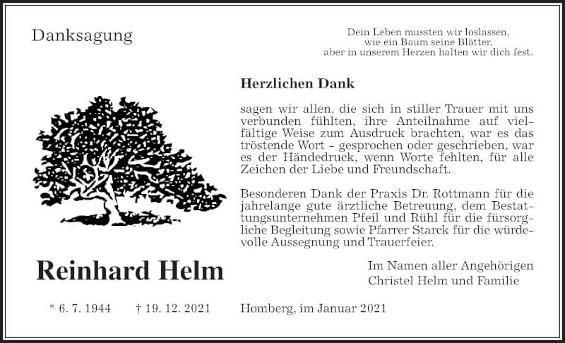  Traueranzeige für Reinhard Helm vom 15.01.2022 aus Giessener Allgemeine, Alsfelder Allgemeine