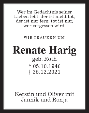 Traueranzeige von Renate Harig von Wetterauer Zeitung