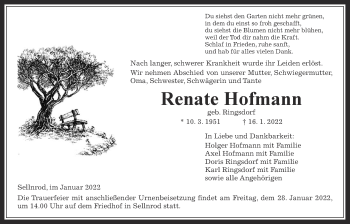 Traueranzeige von Renate Hofmann von Giessener Allgemeine, Alsfelder Allgemeine, Mücker Stimme