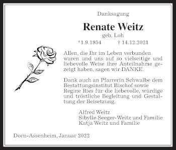 Traueranzeige von Renate Weitz von Wetterauer Zeitung