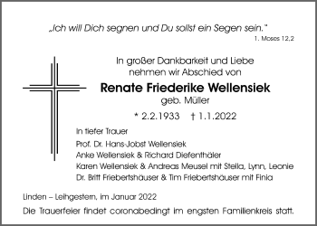 Traueranzeige von Renate Friederike Wellensiek von Giessener Allgemeine, Alsfelder Allgemeine, Giessener Anzeiger