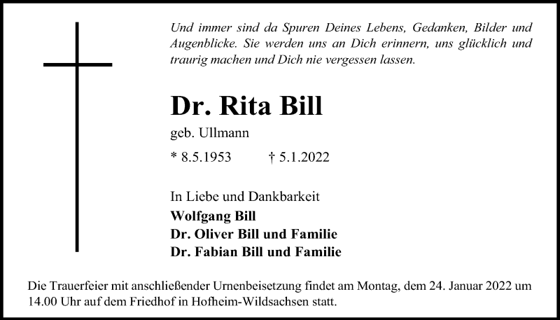  Traueranzeige für Rita Bill vom 14.01.2022 aus 
