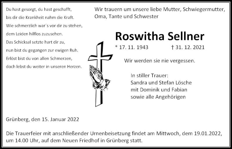  Traueranzeige für Roswitha Sellner vom 15.01.2022 aus Giessener Allgemeine, Alsfelder Allgemeine