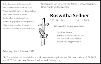 Traueranzeige von Roswitha Sellner von Giessener Allgemeine, Alsfelder Allgemeine