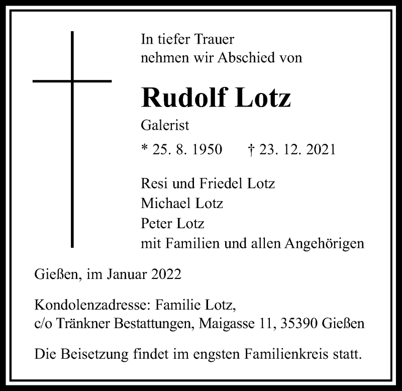 Traueranzeige für Rudolf Lotz vom 08.01.2022 aus Giessener Allgemeine, Alsfelder Allgemeine