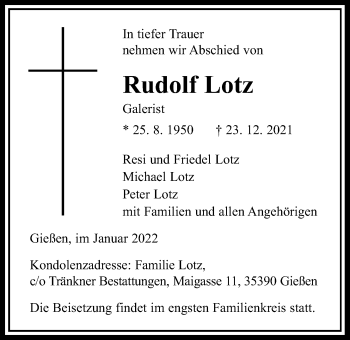 Traueranzeige von Rudolf Lotz von Giessener Allgemeine, Alsfelder Allgemeine