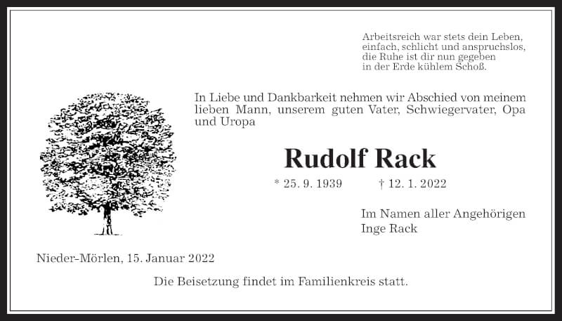  Traueranzeige für Rudolf Rack vom 15.01.2022 aus Wetterauer Zeitung