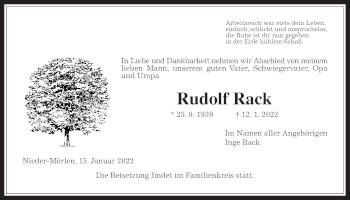 Traueranzeige von Rudolf Rack von Wetterauer Zeitung