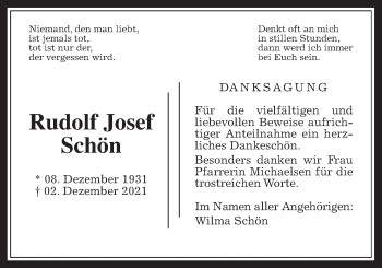 Traueranzeige von Rudolf Josef Schön von Giessener Allgemeine, Alsfelder Allgemeine