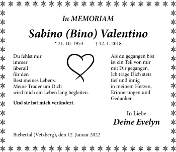 Traueranzeige von Sabino Valentino von Giessener Allgemeine, Alsfelder Allgemeine