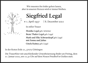 Traueranzeige von Siegfried Legal von Giessener Allgemeine, Alsfelder Allgemeine