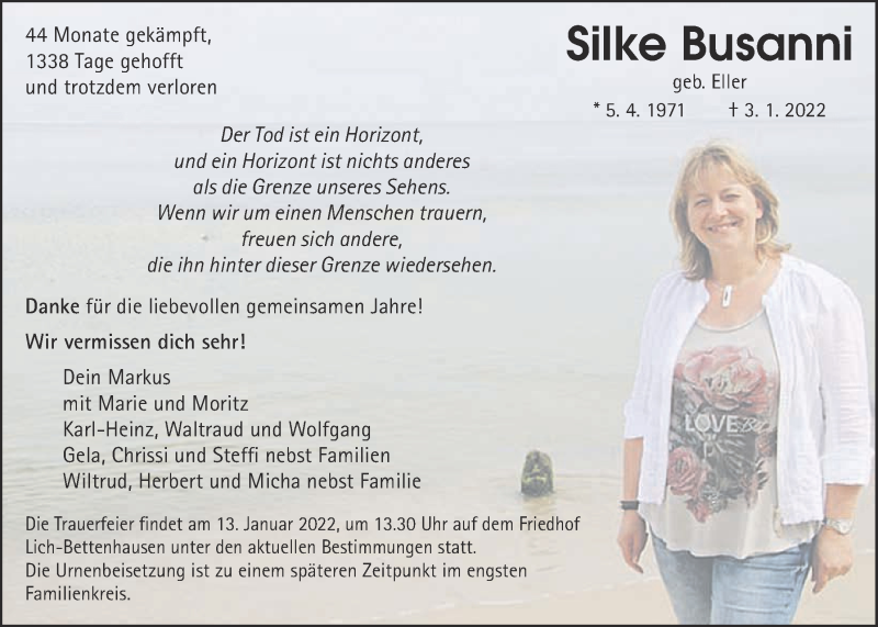  Traueranzeige für Silke Busanni vom 08.01.2022 aus Wetterauer Zeitung, Giessener Allgemeine, Alsfelder Allgemeine, Giessener Anzeiger