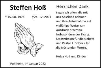 Traueranzeige von Steffen Hoß von Pohlheimer Nachrichten
