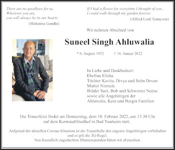 Traueranzeige von Suneel Singh Ahluwalia von Wetterauer Zeitung