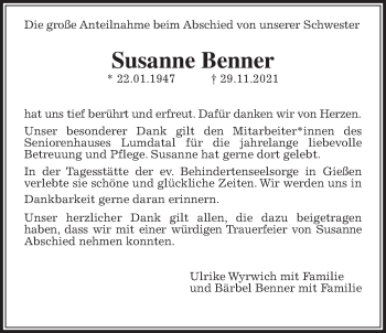 Traueranzeige von Susanne Benner von Rabenauer Zeitung