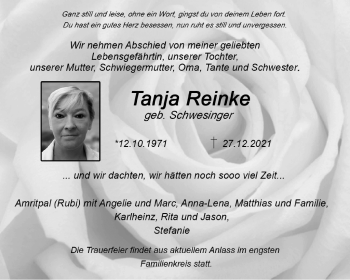 Traueranzeige von Tanja Reinke von Kreis-Anzeiger