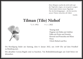Traueranzeige von Tilman Niehof von Alsfelder Allgemeine