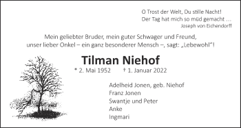 Traueranzeige von Tilman Niehof von Alsfelder Allgemeine