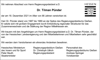 Traueranzeige von Tilman Pünder von Giessener Allgemeine, Alsfelder Allgemeine, Giessener Anzeiger