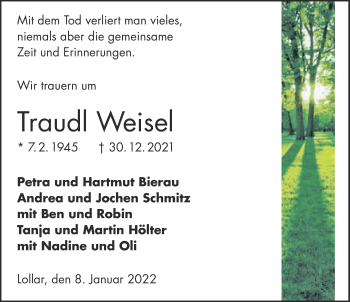 Traueranzeige von Traudl Weisel von Giessener Anzeiger