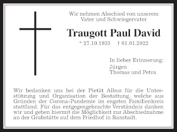 Traueranzeige von Traugott Paul David 