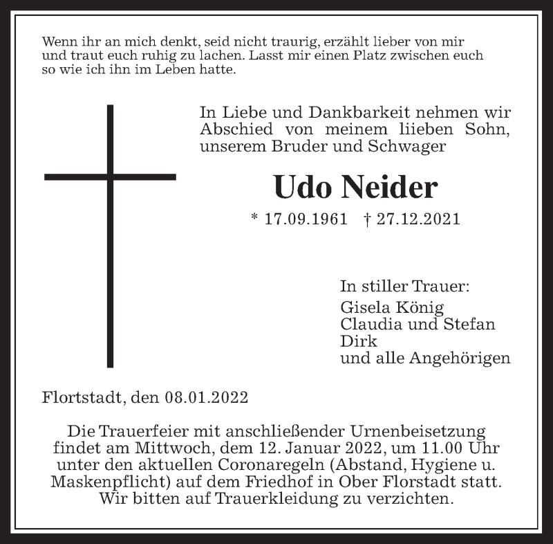  Traueranzeige für Udo Neider vom 08.01.2022 aus Wetterauer Zeitung