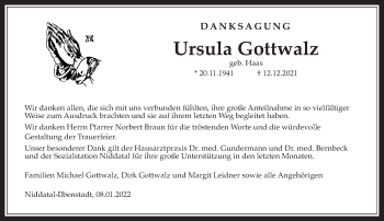 Traueranzeige von Ursula Gottwalz von Wetterauer Zeitung