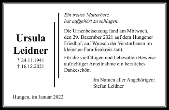 Traueranzeige von Ursula Leidner von Licher Wochenblatt