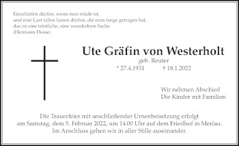 Traueranzeige von Ute Gräfin von Westerholt von Alsfelder Allgemeine