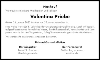 Traueranzeige von Valentina Priebe von Giessener Allgemeine, Alsfelder Allgemeine