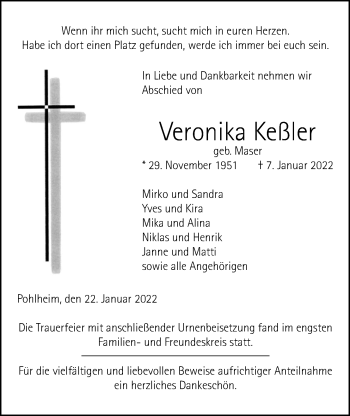 Traueranzeige von Veronika Keßler von Giessener Allgemeine, Alsfelder Allgemeine