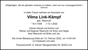 Traueranzeige von Vilma Link-Kämpf von Licher Wochenblatt