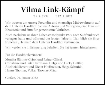 Traueranzeige von Vilma Link-Kämpf von Giessener Allgemeine, Alsfelder Allgemeine