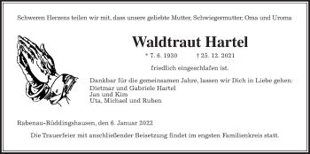 Traueranzeige von Waldtraut Hartel von Rabenauer Zeitung