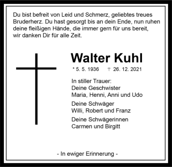 Traueranzeige von Walter Kuhl von Giessener Allgemeine, Alsfelder Allgemeine, Giessener Anzeiger