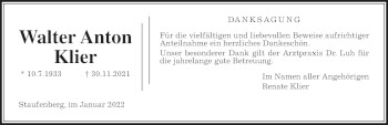 Traueranzeige von Walter Anton Klier von Giessener Allgemeine, Alsfelder Allgemeine
