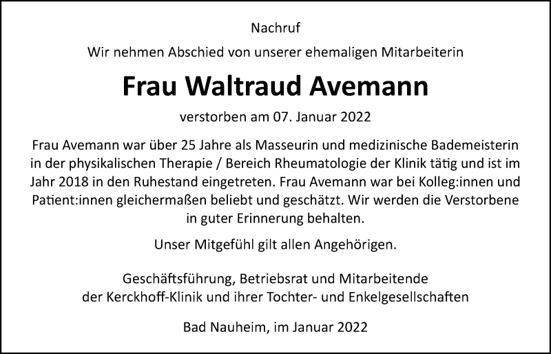 Traueranzeige für Waltraud Avemann vom 22.01.2022 aus Wetterauer Zeitung, Giessener Allgemeine, Alsfelder Allgemeine