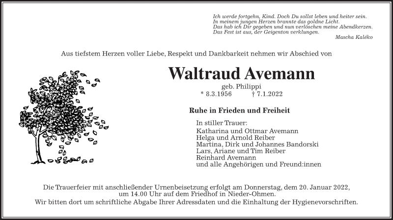  Traueranzeige für Waltraud Avemann vom 17.01.2022 aus Giessener Allgemeine, Alsfelder Allgemeine