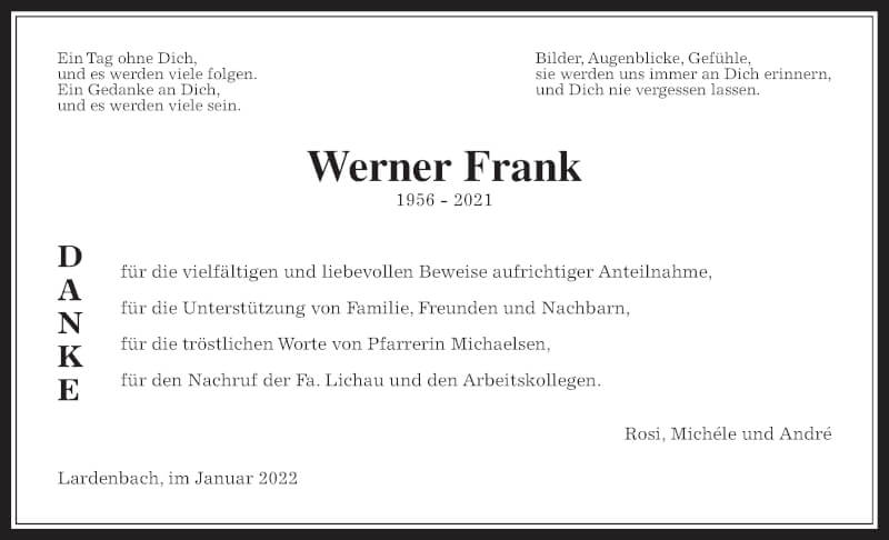 Traueranzeige für Werner Frank vom 15.01.2022 aus Giessener Allgemeine, Alsfelder Allgemeine
