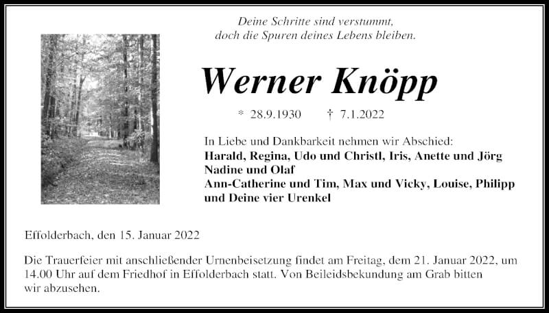  Traueranzeige für Werner Knöpp vom 15.01.2022 aus 