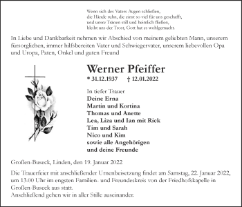 Traueranzeige von Werner Pfeiffer von Giessener Allgemeine, Alsfelder Allgemeine, Giessener Anzeiger