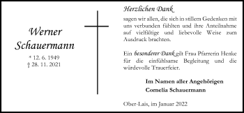 Traueranzeige von Werner Schauermann von Kreis-Anzeiger