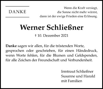 Traueranzeige von Werner Schließner von Giessener Allgemeine, Alsfelder Allgemeine, Giessener Anzeiger