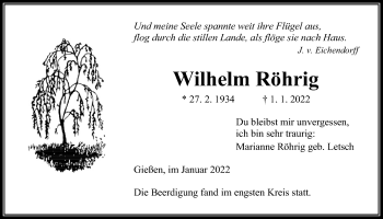 Traueranzeige von Wilhelm Röhrig von Giessener Allgemeine, Alsfelder Allgemeine