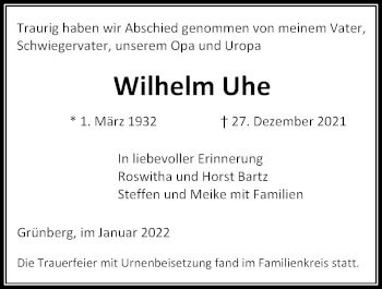 Traueranzeige von Wilhelm Uhe von Giessener Allgemeine, Alsfelder Allgemeine