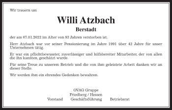 Traueranzeige von Willi Atzbach von Wetterauer Zeitung